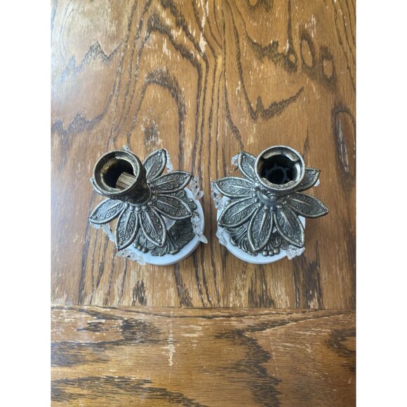 MCM Hollywood Regency Candlestick Holders Brass Dangle Crystal Marble Base Set - Picture 9 of 9